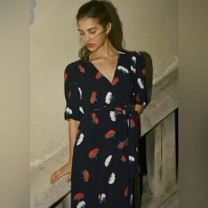 Rouje Navy Mini Dress with Red and White Feather Print